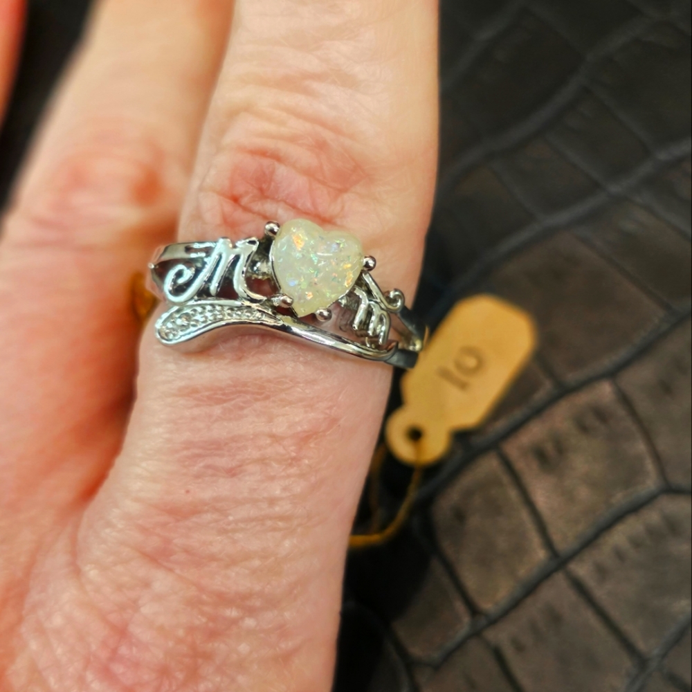 Womens Fashion Jewelry Mom Opal heart .925 Sterling ring Sz10